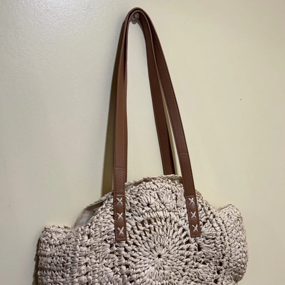 Beige Woven Tote Bag with Brown Straps - Picture 6 of 15